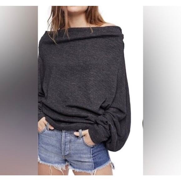 Free People We The Free Sz S Charcoal Skyline Thermal Top Sweater Off-shoulder - Picture 2 of 16